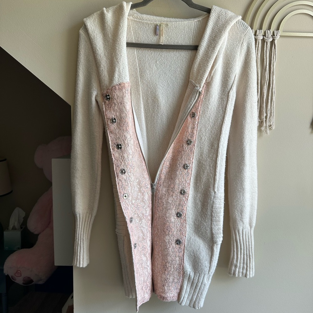Free People White and Pink Hooded Cardigan